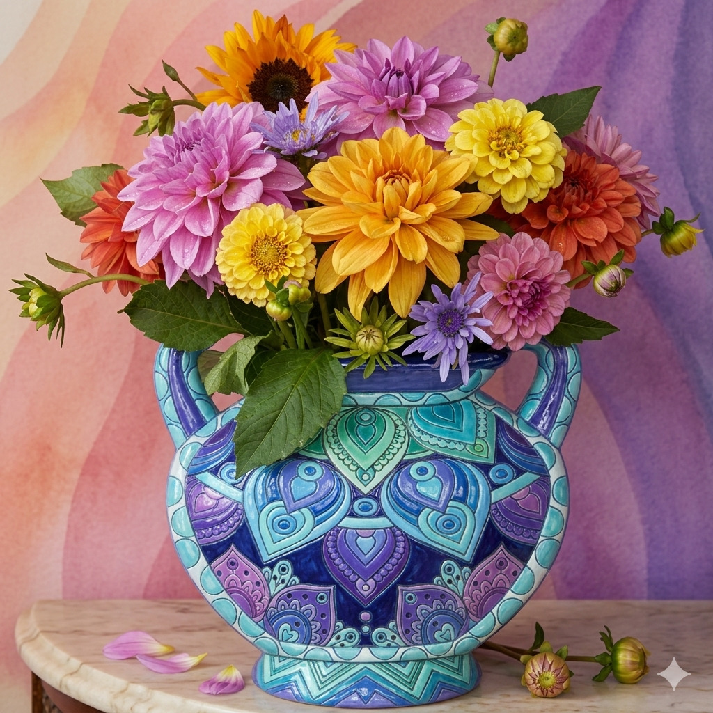 Colorful dahlia flowers in ornate turquoise vase on table