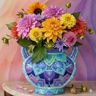Colorful Dahlias in Ornate Vase