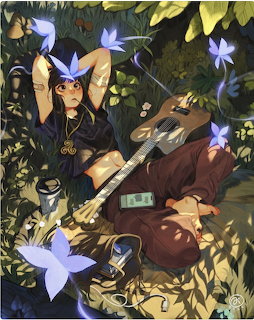 Illustration of a girl lying in greenery holding a guitar surrounded by blue flowers and butterflies