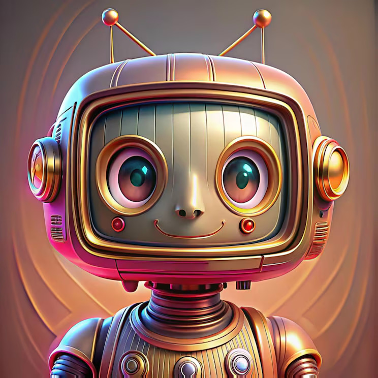 Cute retro cartoon robot with big eyes on a warm brown background