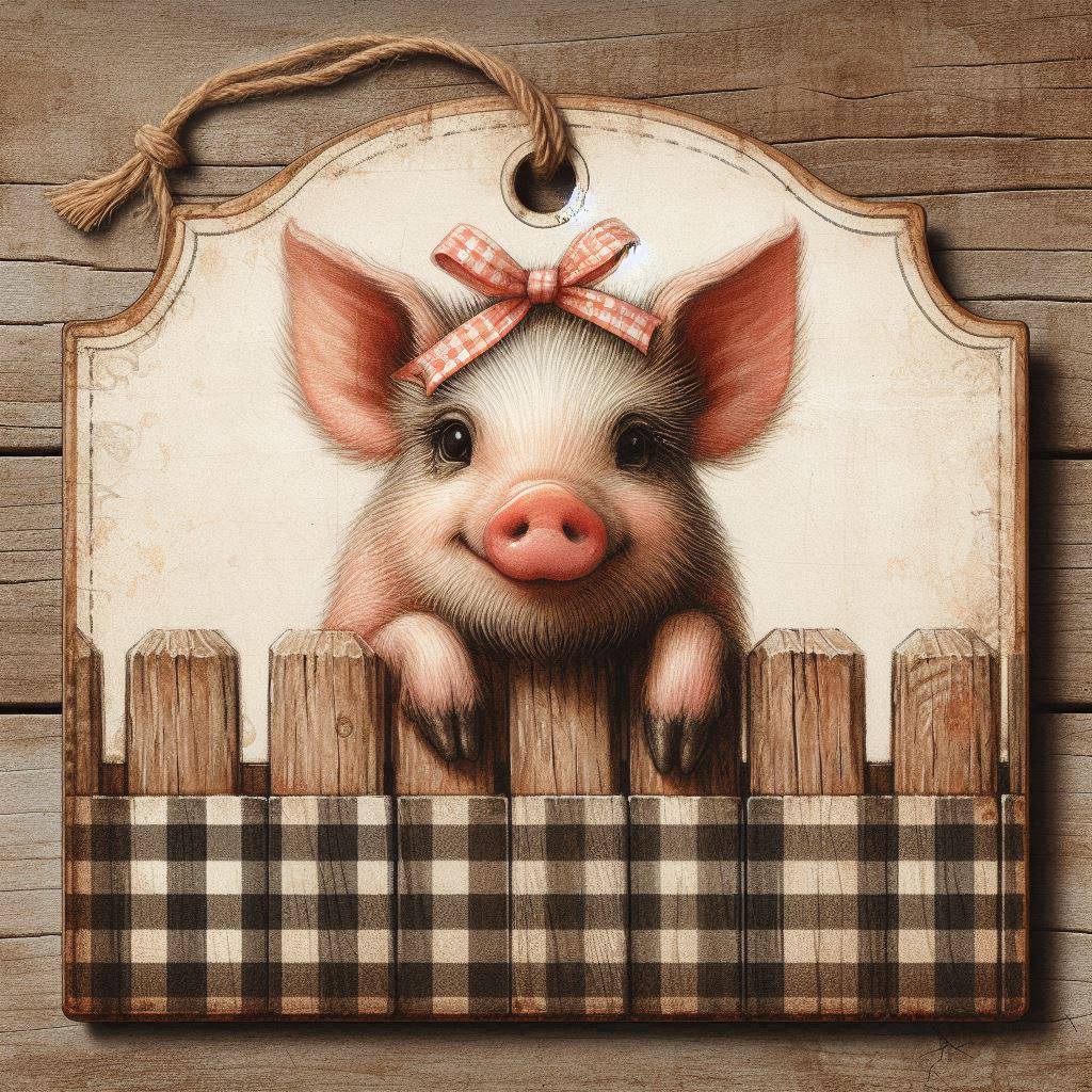 Cute piglet illustration on a wooden sign above a fence with a plaid border
