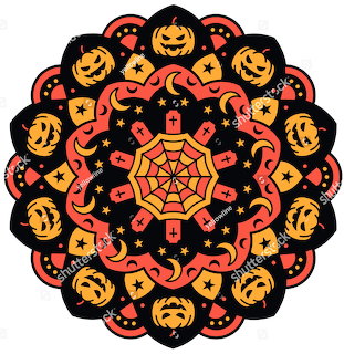Halloween mandala with orange pumpkins, red moons, yellow stars, and candles in circular symmetry on black