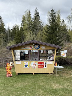 Small wooden kiosk in a grassy clearing with evergreen trees in the background