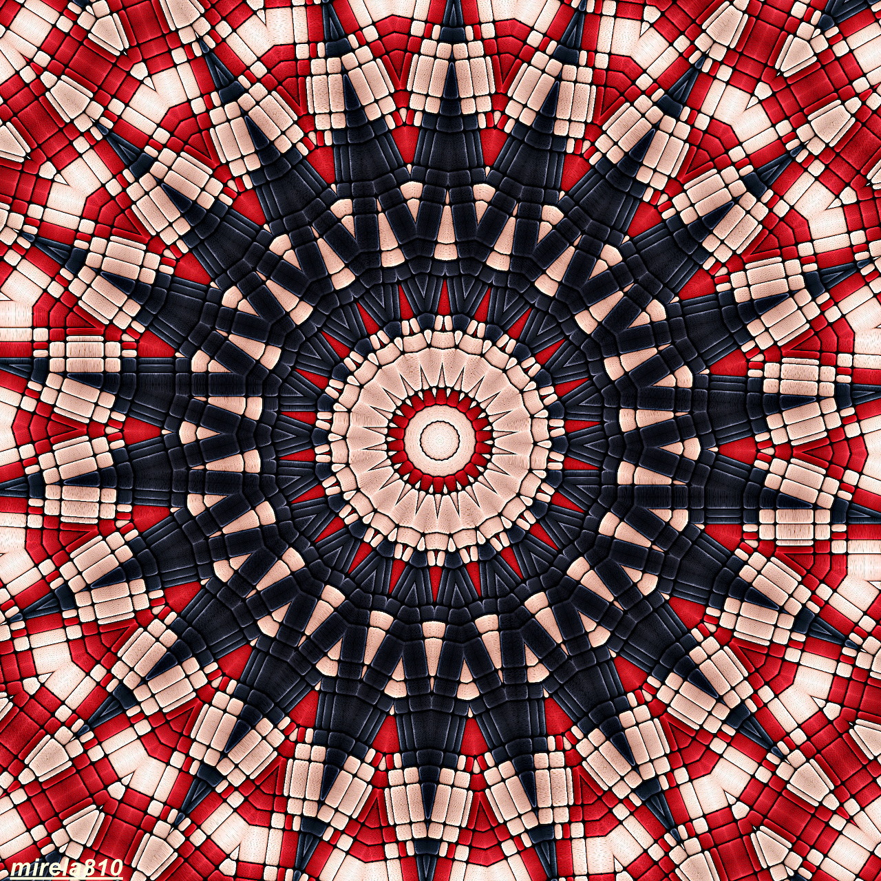 Circular mandala with red, black, and cream plaid patterns radiating from center in geometric symmetry