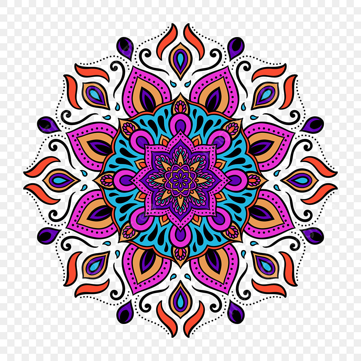 Ornate mandala with vibrant petals radiating from center in purple, pink, orange, teal, and gold tones