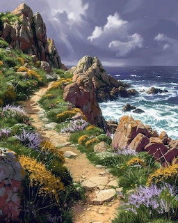Winding dirt path along coastal cliffs with wildflowers, rocky outcrops, and ocean waves under stormy sky