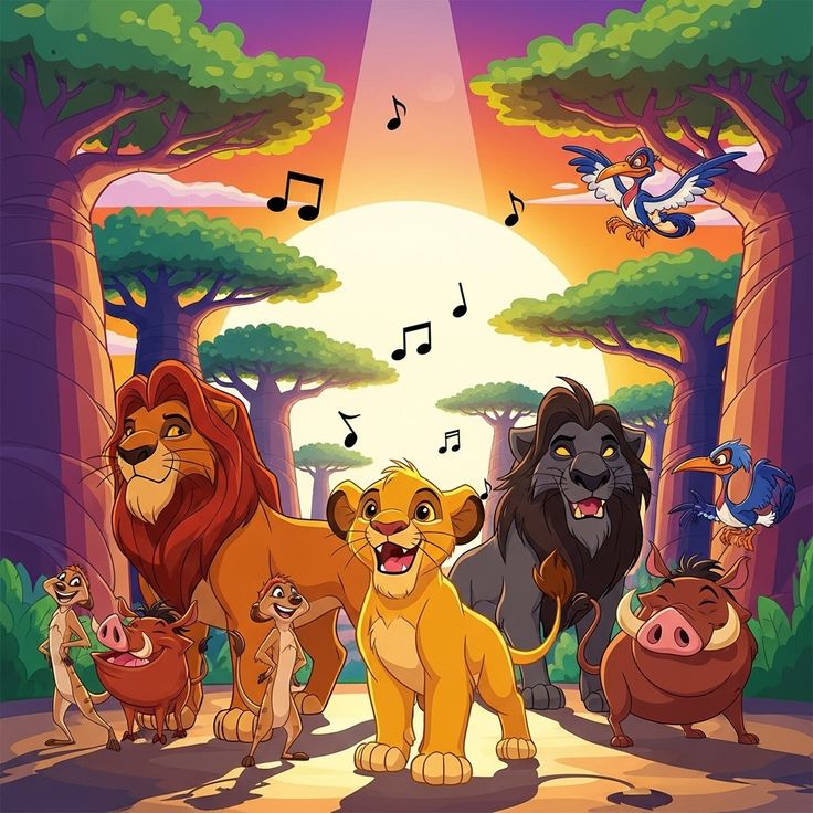 Animated lions and animal friends gathered under savanna trees with musical notes and colorful sunset background