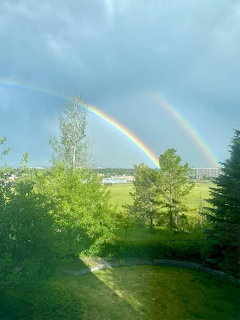 Double rainbow over green fields and trees with stormy sky in Alberta
