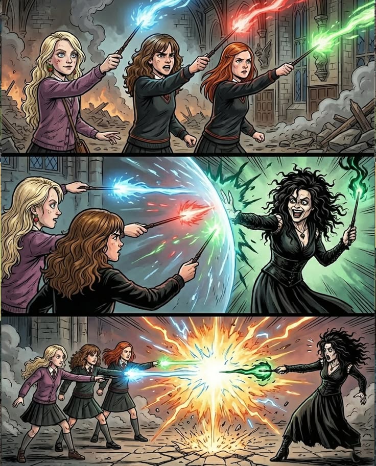 Comic illustration of three witches casting colorful magic spells in an intense wand duel battle