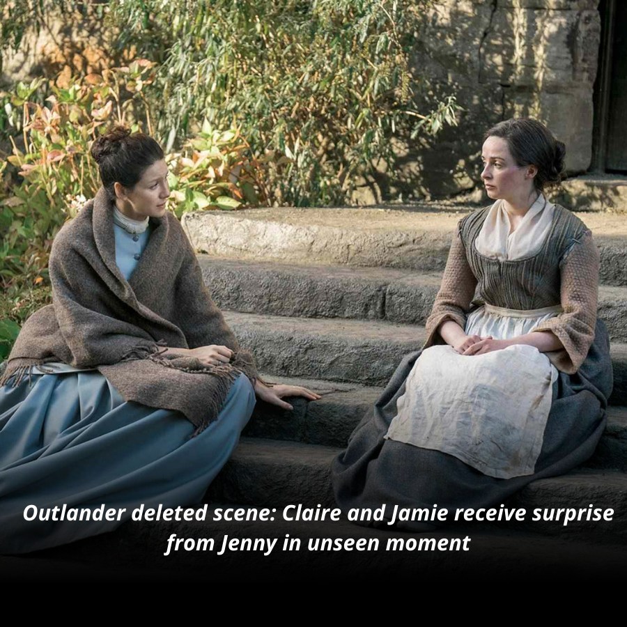 Two women in period dresses sitting on stone steps outdoors and facing each other