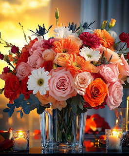 Colorful bouquet of pink, orange, red and white roses and daisies in a glass vase with candlelight