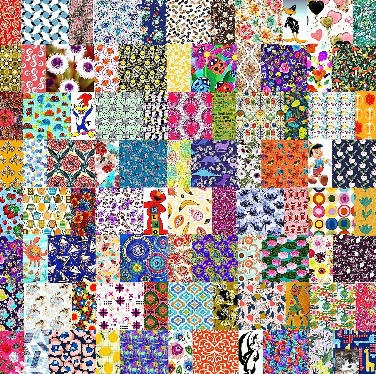 Grid of colorful patchwork squares with various patterns including flowers, dots, geometric designs, and decorative motifs