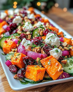 Colorful roasted vegetable salad with squash, beets, goat cheese, cranberries and nuts on white platter
