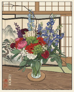 Illustration of a colorful ikebana flower arrangement in a glass vase in a traditional Japanese room
