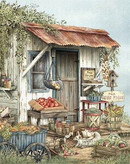 Rustic wooden farm stand with produce baskets, watering can, and vintage gardening tools