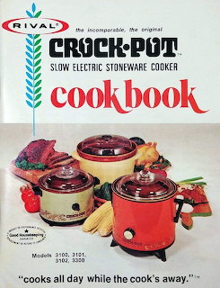 Vintage Rival Crock-Pot cookbook cover showing red and white slow cookers with cooked meals