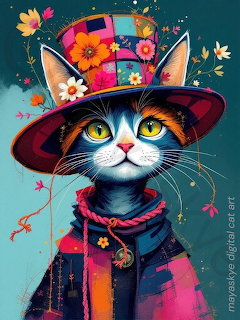 Digital art of a cat wearing a colorful floral hat and bright jacket on a teal background