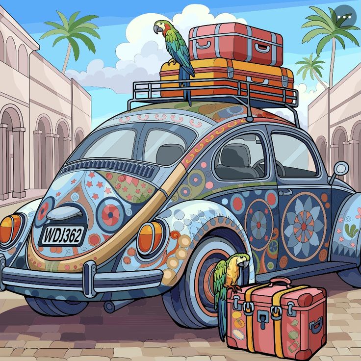 Illustrated colorful vintage Beetle car with floral designs and suitcases on a sunny street
