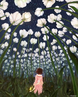 Girl in pink dress surrounded by glowing white flowers at night
