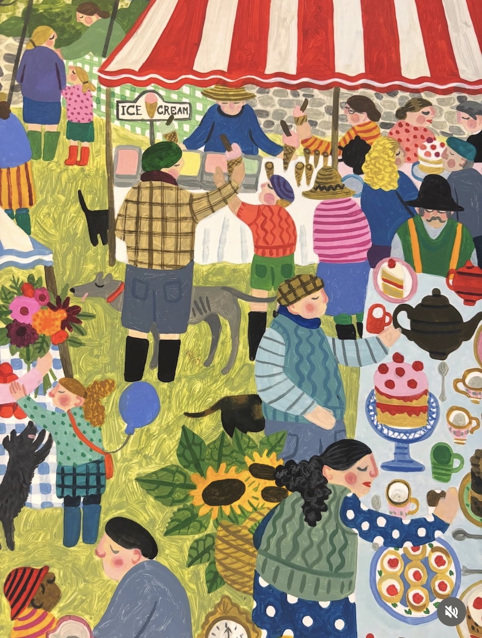 Colorful illustration of people in a garden near a striped tent, flowers, cakes, and a tea table
