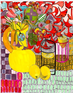 Colorful still life painting with yellow lemons, pitcher, flowers and decorative patterns by Sharon Nullmeyer