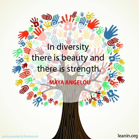 Illustrated tree of colorful handprints around a Maya Angelou quote on diversity and strength