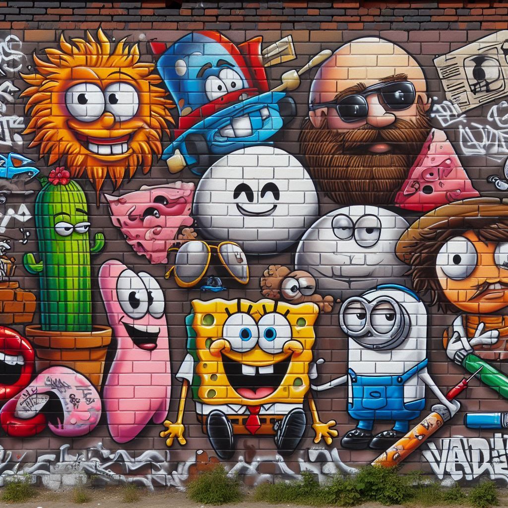 Colorful graffiti mural of cartoon characters on brick wall including SpongeBob and various animated friends