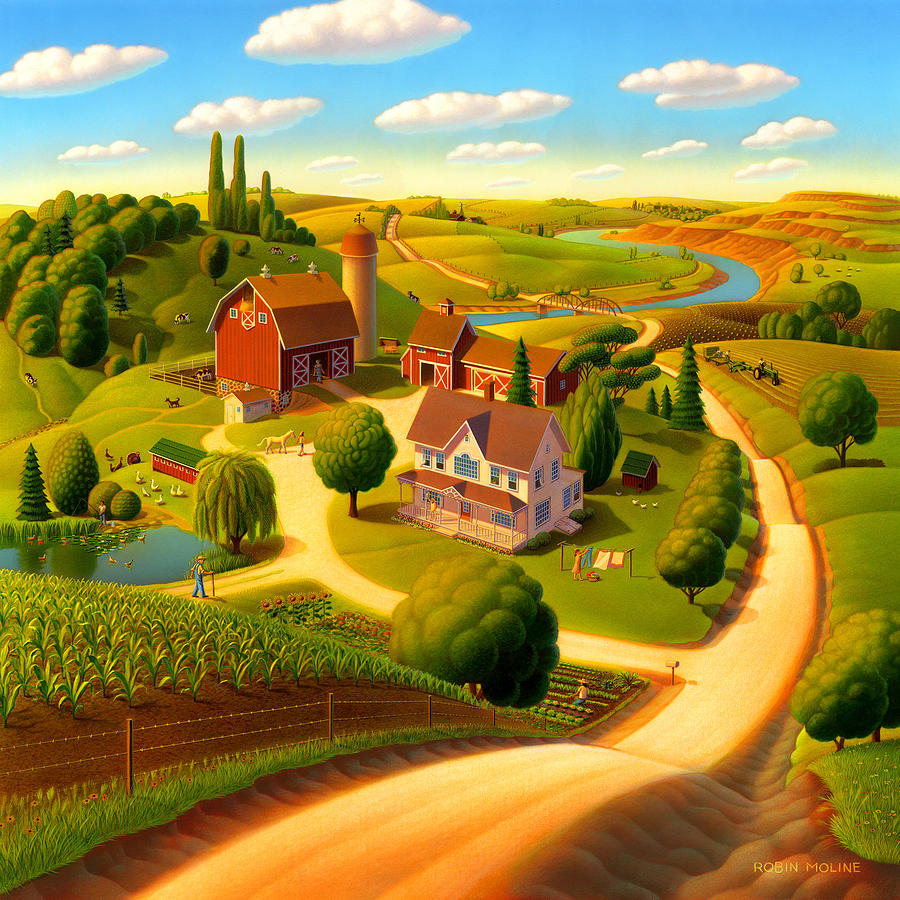 Colorful painting of rolling farmland with red barn, house, trees, fields, and winding road under blue sky