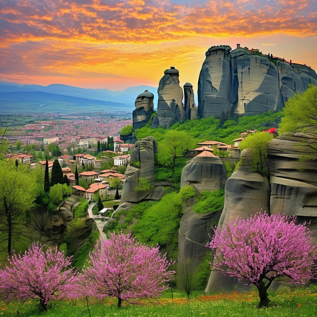 Meteora rock pillars with monastery at sunset, pink spring blossoms and dramatic orange sky