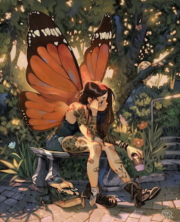 Fairy with large orange wings sitting on bench in enchanted garden with glowing lights