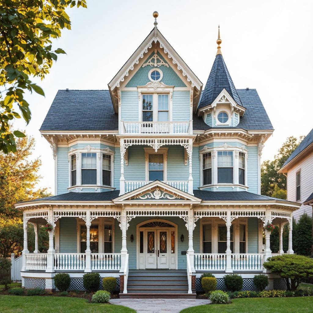 Light blue Victorian house with ornate trim, steep gables, and a wraparound porch