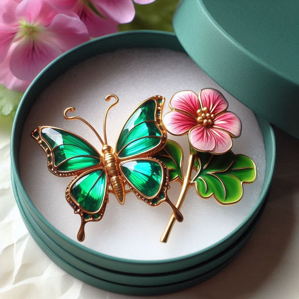 Turquoise butterfly and pink flower enamel brooches in teal jewelry box with flowers
