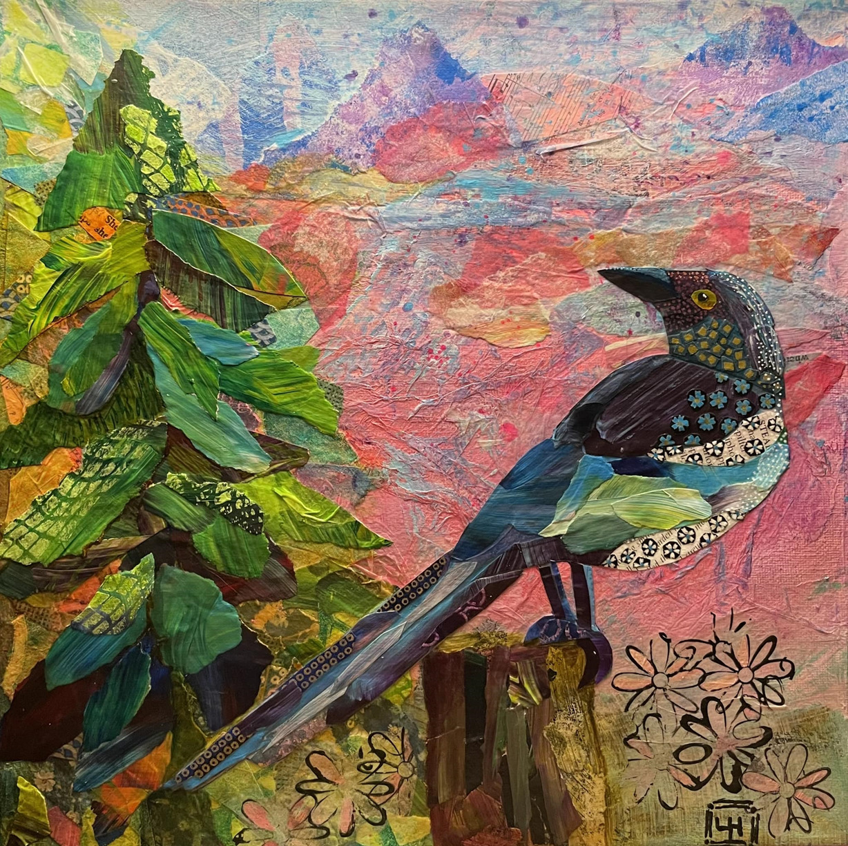 Painting of a magpie on a branch next to a pine tree with colorful sunset sky background