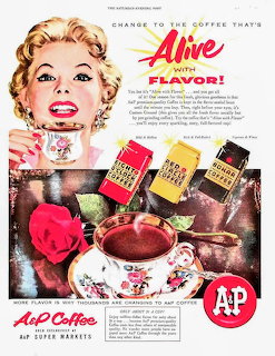 Vintage 1954 A&P Coffee ad with woman holding coffee cup and product display