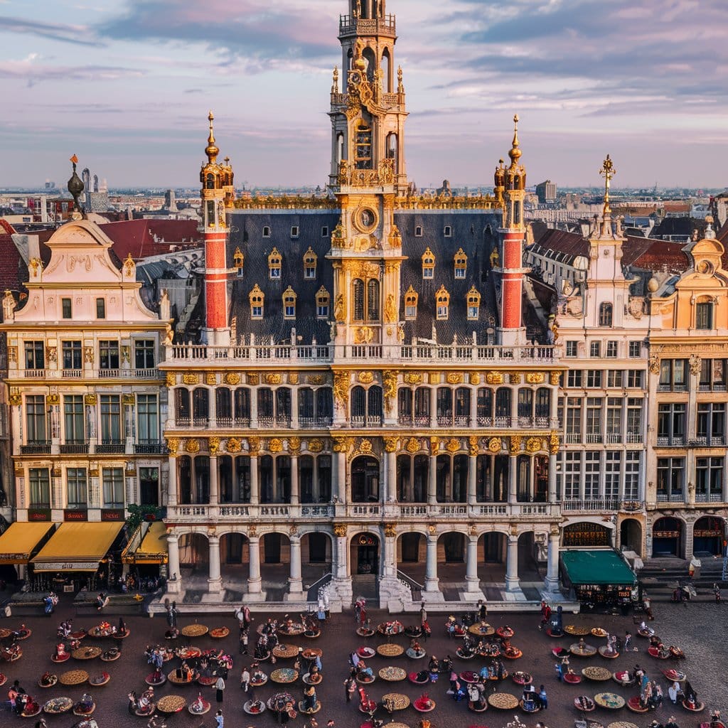 Aerial view of Brussels Grand Place with ornate Gothic building and outdoor café terraces at sunset