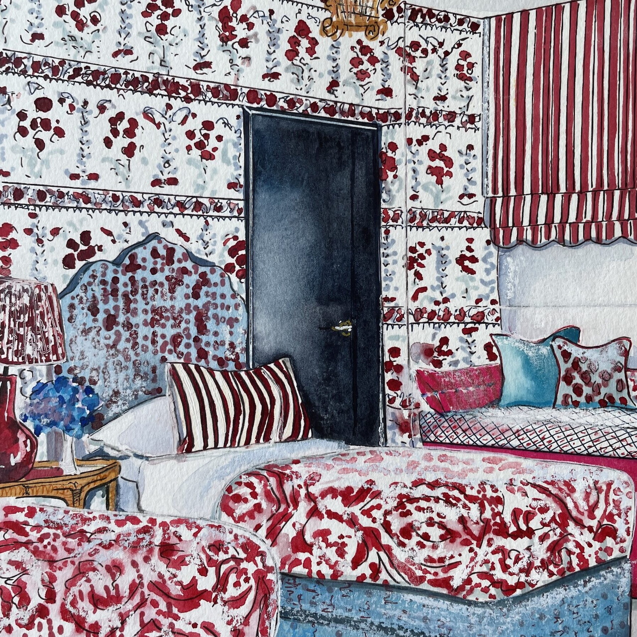 Watercolor painting of bedroom with red floral wallpaper, striped fabrics, and ornate furniture