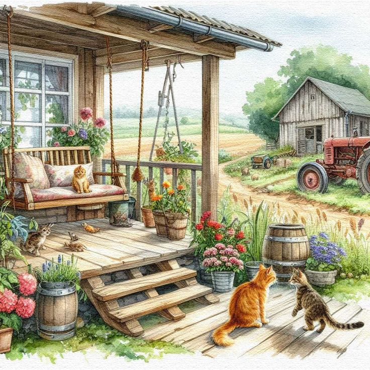 Rustic farm porch with swing, cats, flowers, barn and red tractor in countryside