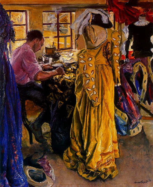 Painting of woman in yellow theatrical costume being fitted in dressing room with assistants and colorful garments