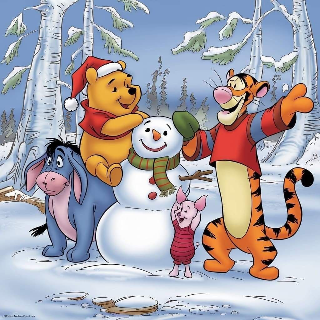 Winnie Pooh and friends with a snowman in a snowy forest