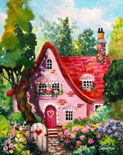 Pink cottage with red heart roof in colorful garden with flowers and trees