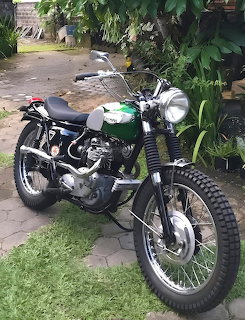 Vintage green and chrome Triumph T100SC motorcycle parked outdoors with tropical plants behind it