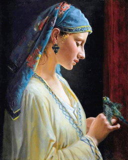 Oil painting of woman in blue headscarf holding green parrot