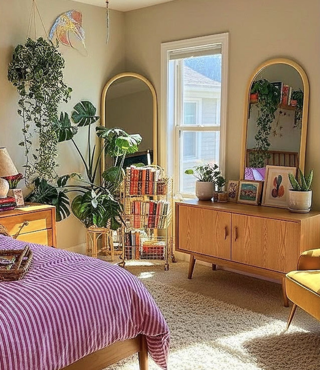Cozy bedroom with many houseplants, arched mirrors, mid-century credenza, and purple striped bedding