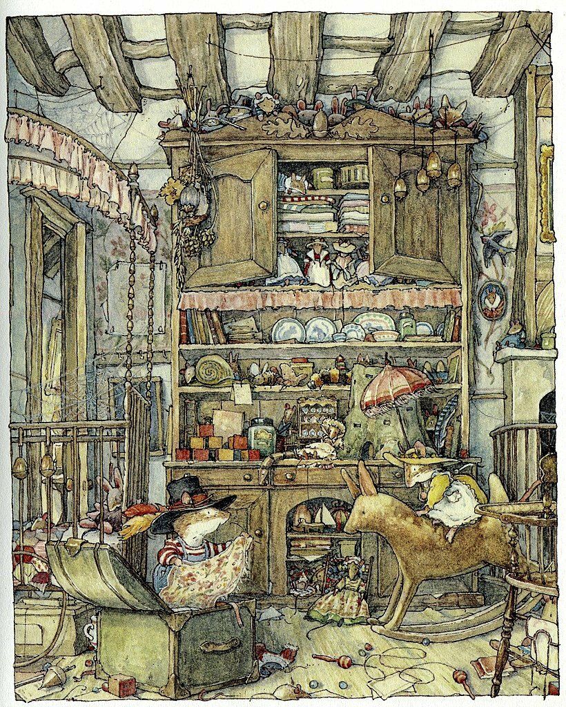 Illustrated woodland animal characters in a cozy cluttered cottage with shelves of crockery and books