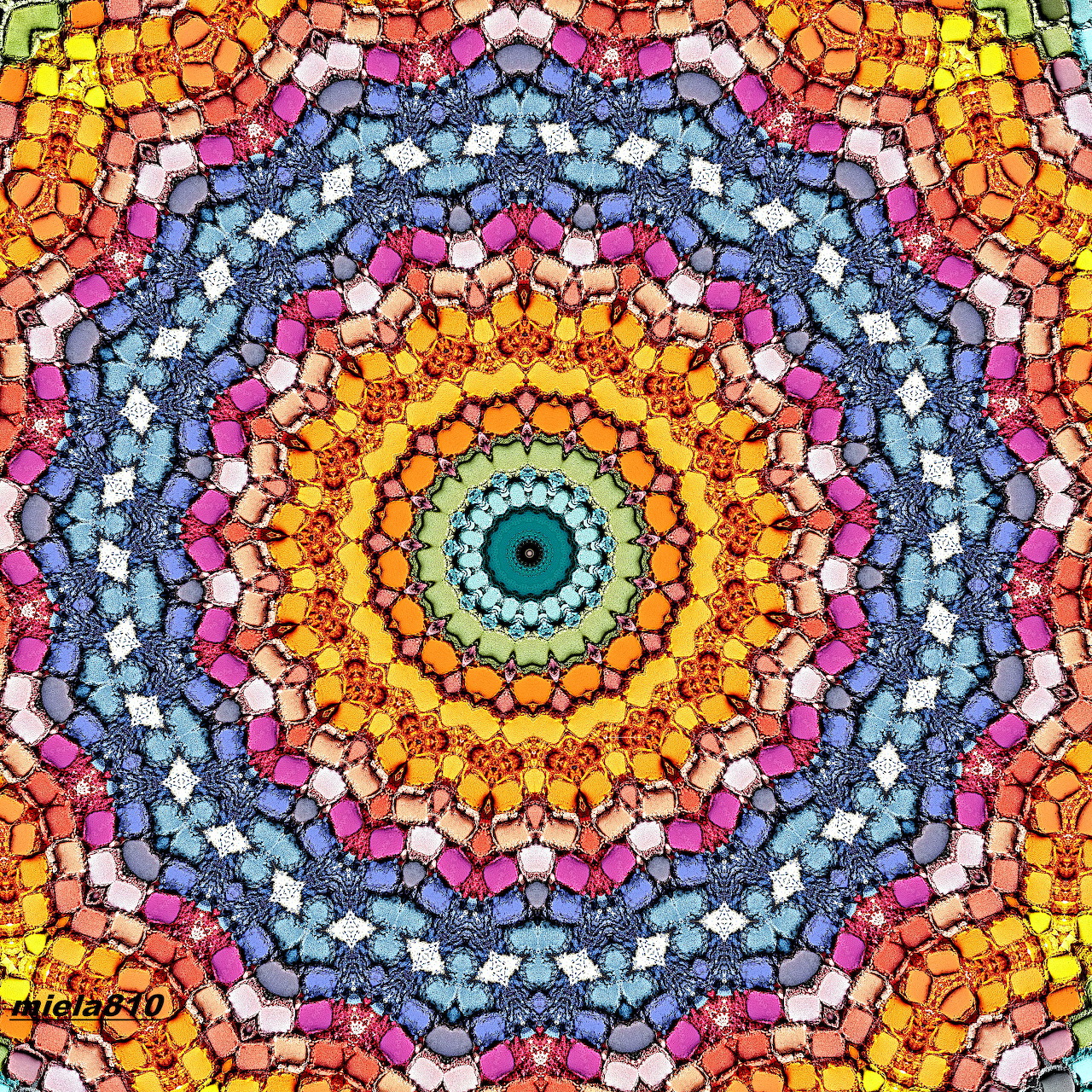 Colorful mosaic mandala with concentric circles in rainbow hues radiating from turquoise center