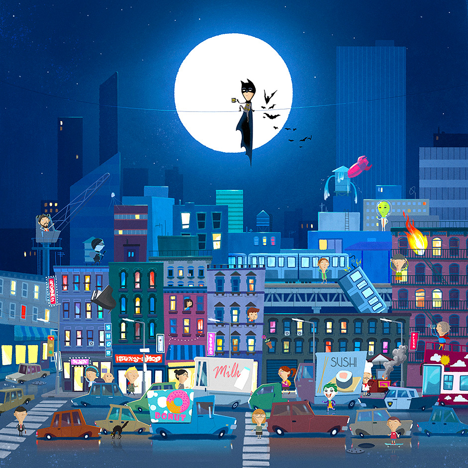 Batman silhouette on rooftop against large moon over colorful nighttime city illustration