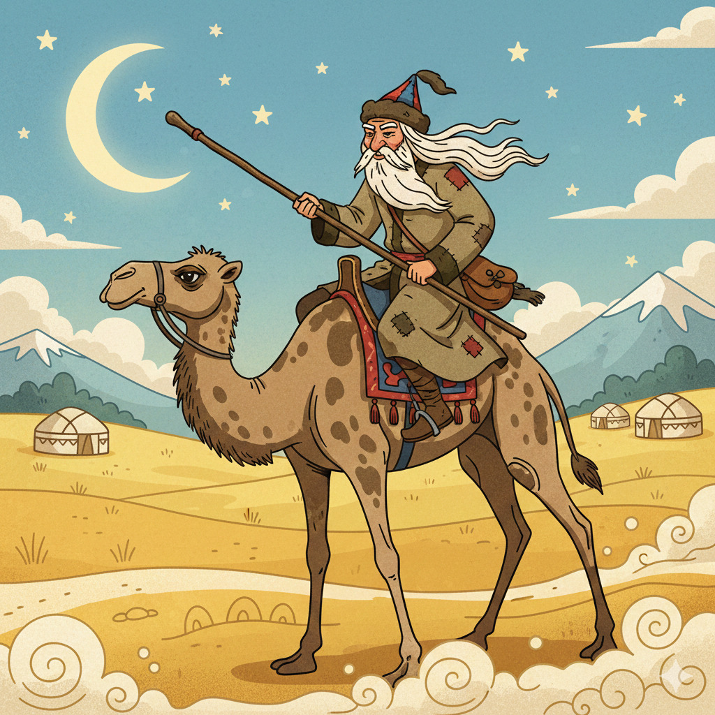 Wizard in blue robes and pointed hat riding a brown camel through a desert with mountains and moon in background