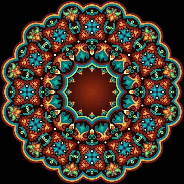 Ornate circular mandala with teal, orange, and gold symmetrical patterns on black background