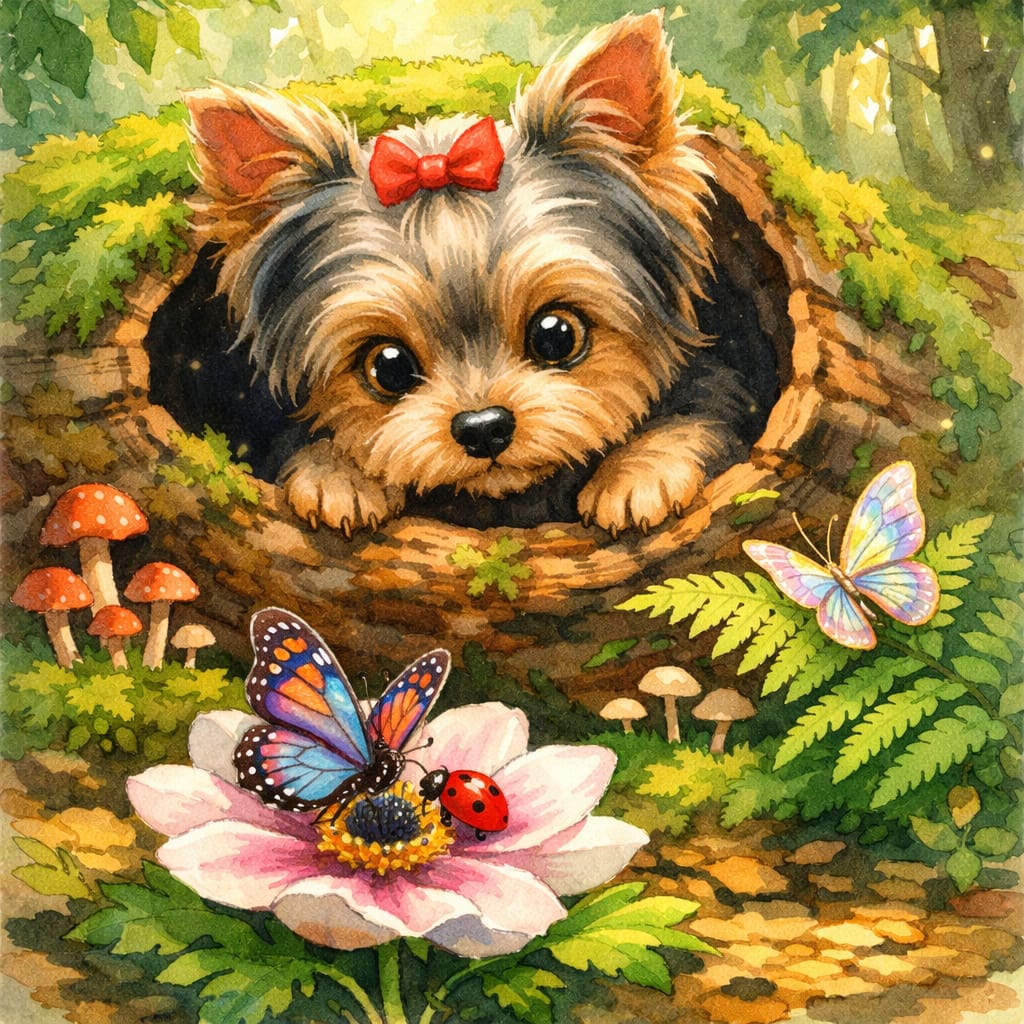 Illustrated Yorkie puppy peeking from a tree hollow beside butterflies, mushrooms, and a flower