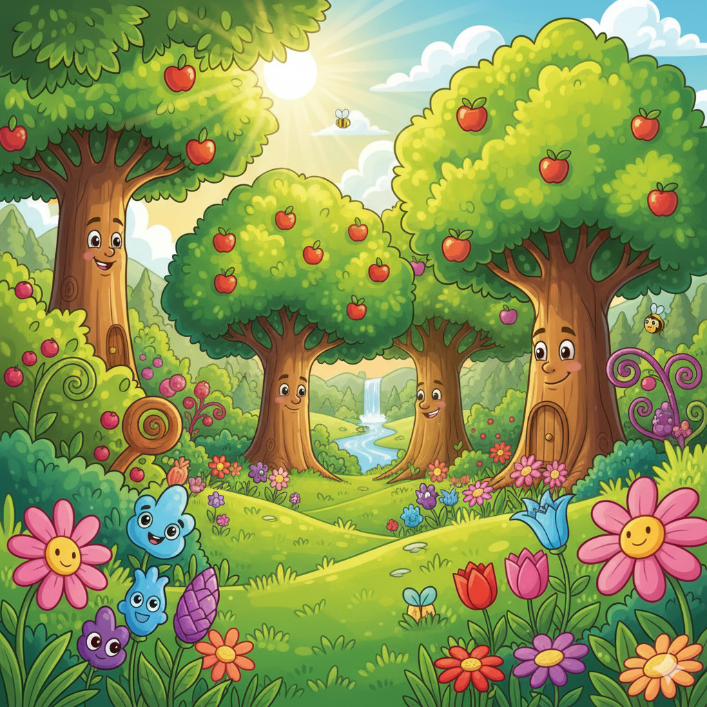 Cartoon trees with faces surrounded by bright flowers and small creatures in a cheerful garden scene